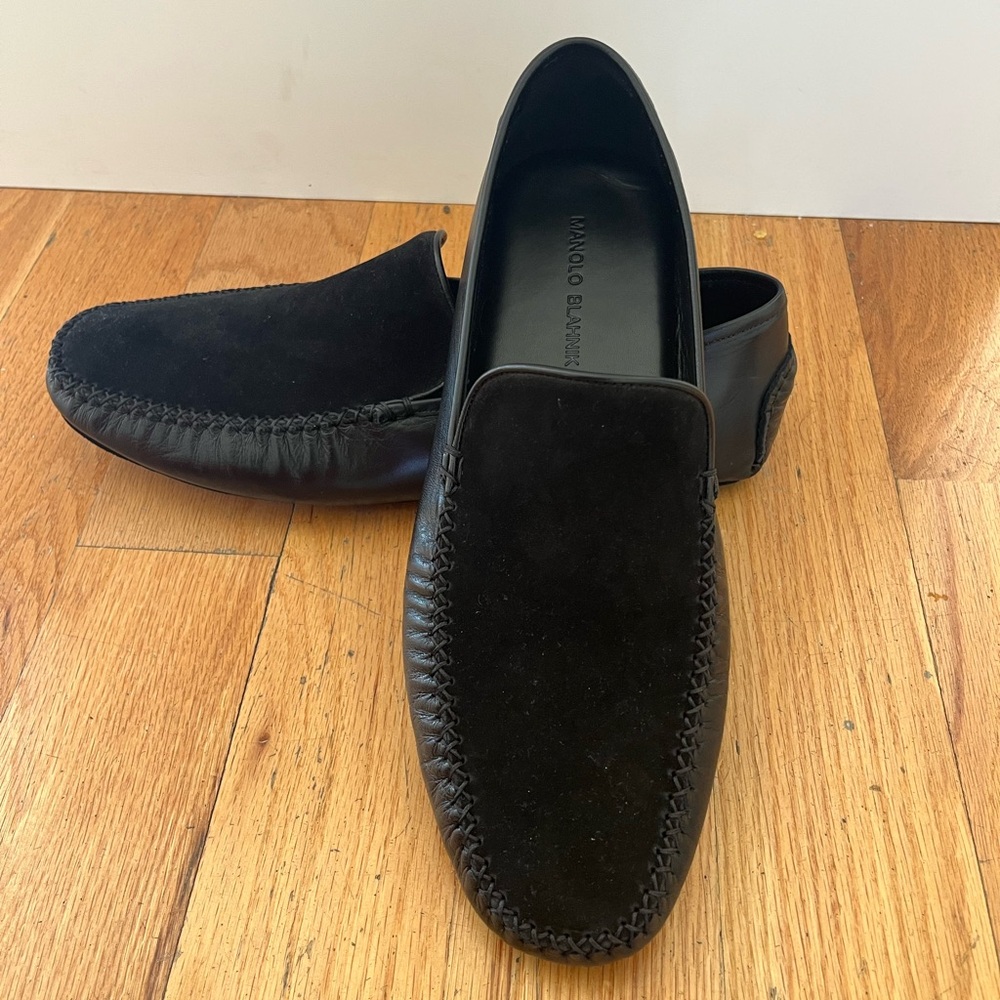 Manolo Blahnik Men’s “Mayfair” Black Suede and Leather Loafers